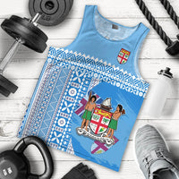Blue sleeveless tank top with Fiji crest and tapa pattern, laid flat