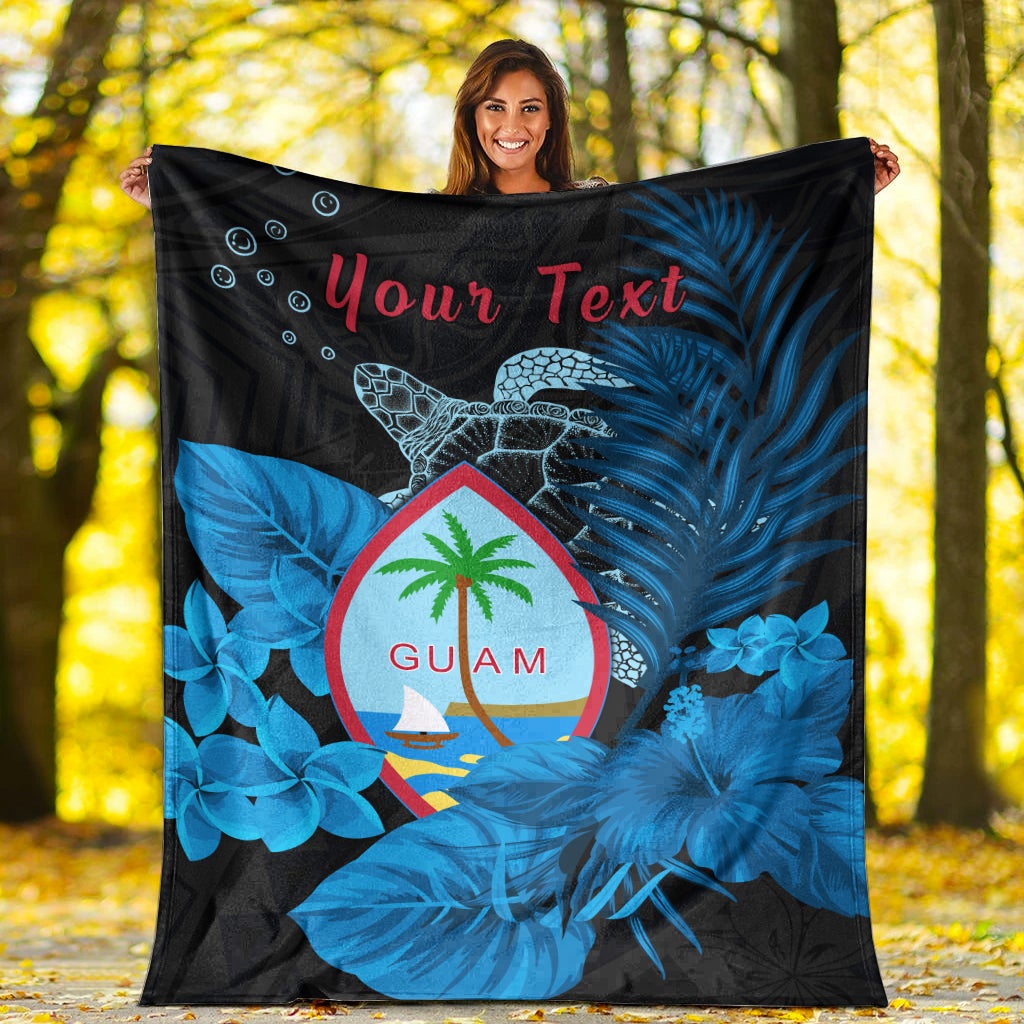 Blue premium blanket with Guam seal, sea turtle, tropical flowers, and 'Your Text'