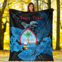 Blue premium blanket with Guam seal, sea turtle, tropical flowers, and 'Your Text'