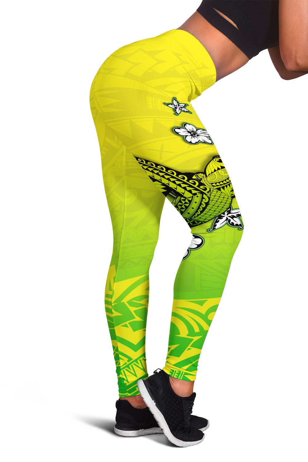 Grün-gelbe Damen-Leggings mit Schildkrötenmotiv am Oberschenkel und Blumen-Detail