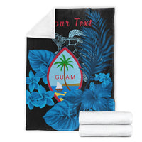Blue premium blanket, folded set with Guam seal, sea turtle, tropical flowers and 'Your Text'