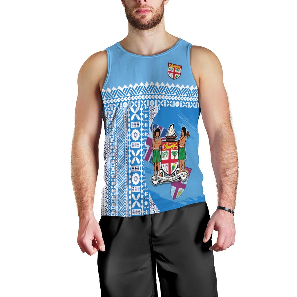 Men's blue tank top with Fiji crest graphic and tapa pattern, sleeveless front