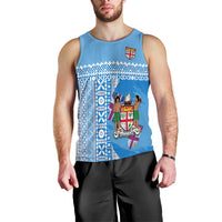 Men's blue tank top with Fiji crest graphic and tapa pattern, sleeveless front