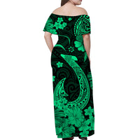 Green Hawaiian maxi dress, off-shoulder back view with fish-hook clover print