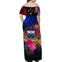 Off-shoulder long dress, black with tropical floral and crest print on back
