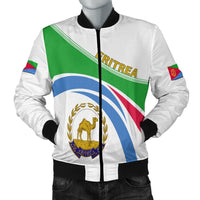 Front view bomber jacket with Eritrea flag design, crest logo, and black ribbed cuffs.
