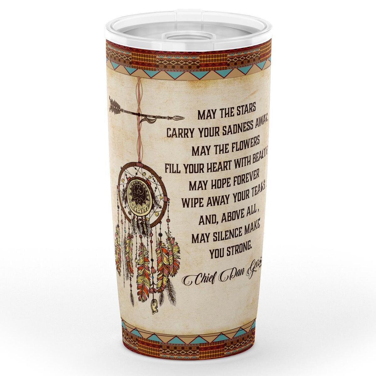 Native-style tumbler with dreamcatcher graphic and “May the Stars…” text, multicolor