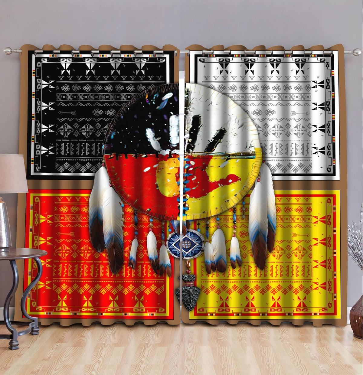 Multicolor 3D printed native-style window curtains with geometric and feather motifs