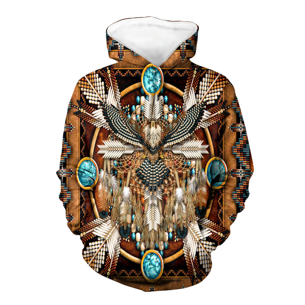 Pullover hoodie, multicolor 3D eagle mandala design; white-lined hood