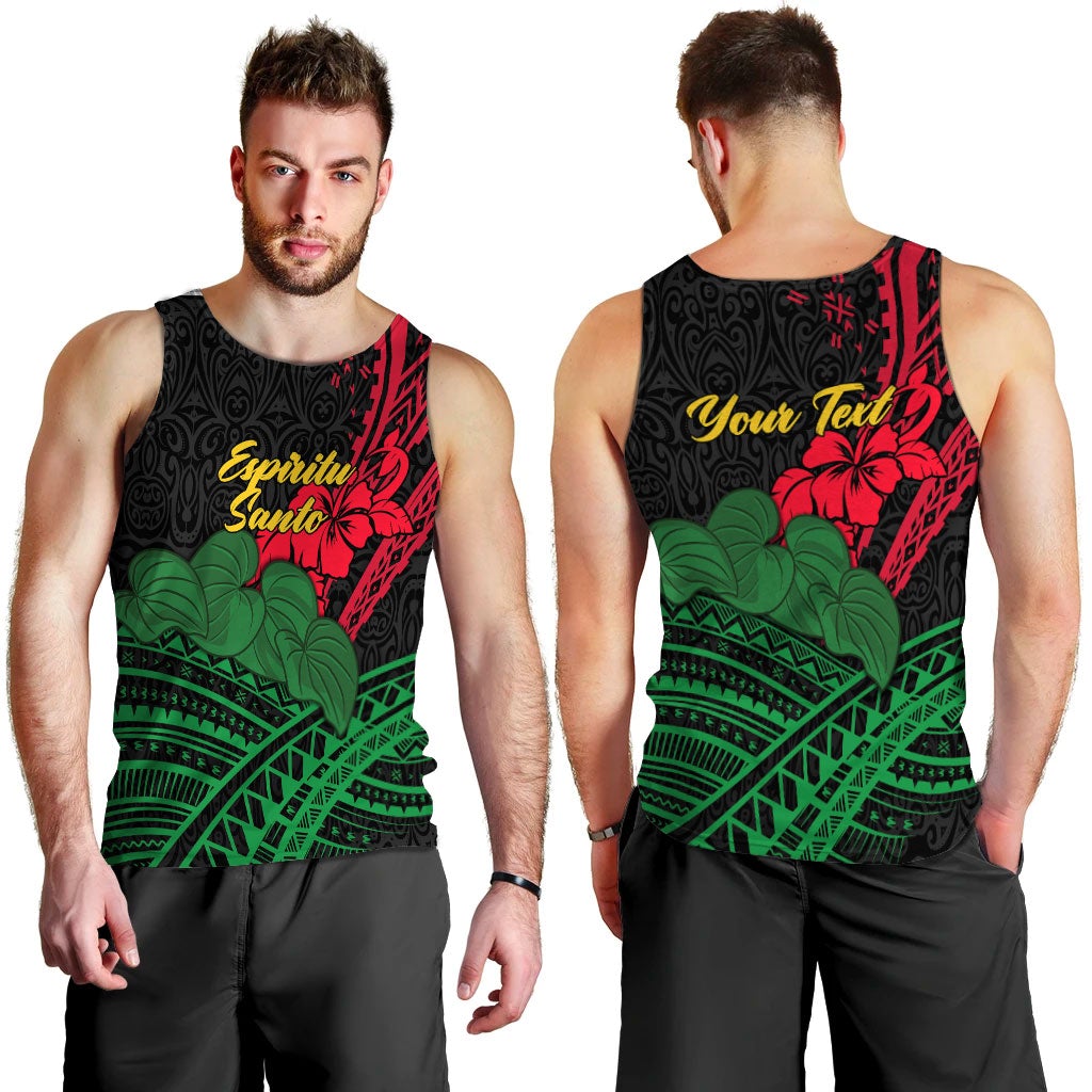 Men’s black tank top with red hibiscus, green leaves, and yellow “Espiritu Santo” text