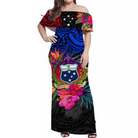 Off-shoulder long dress, black with tropical floral and central crest print