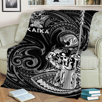 Black blanket with Ikaika warrior koi-and-wave tribal design, feather emblem, IKAIKA