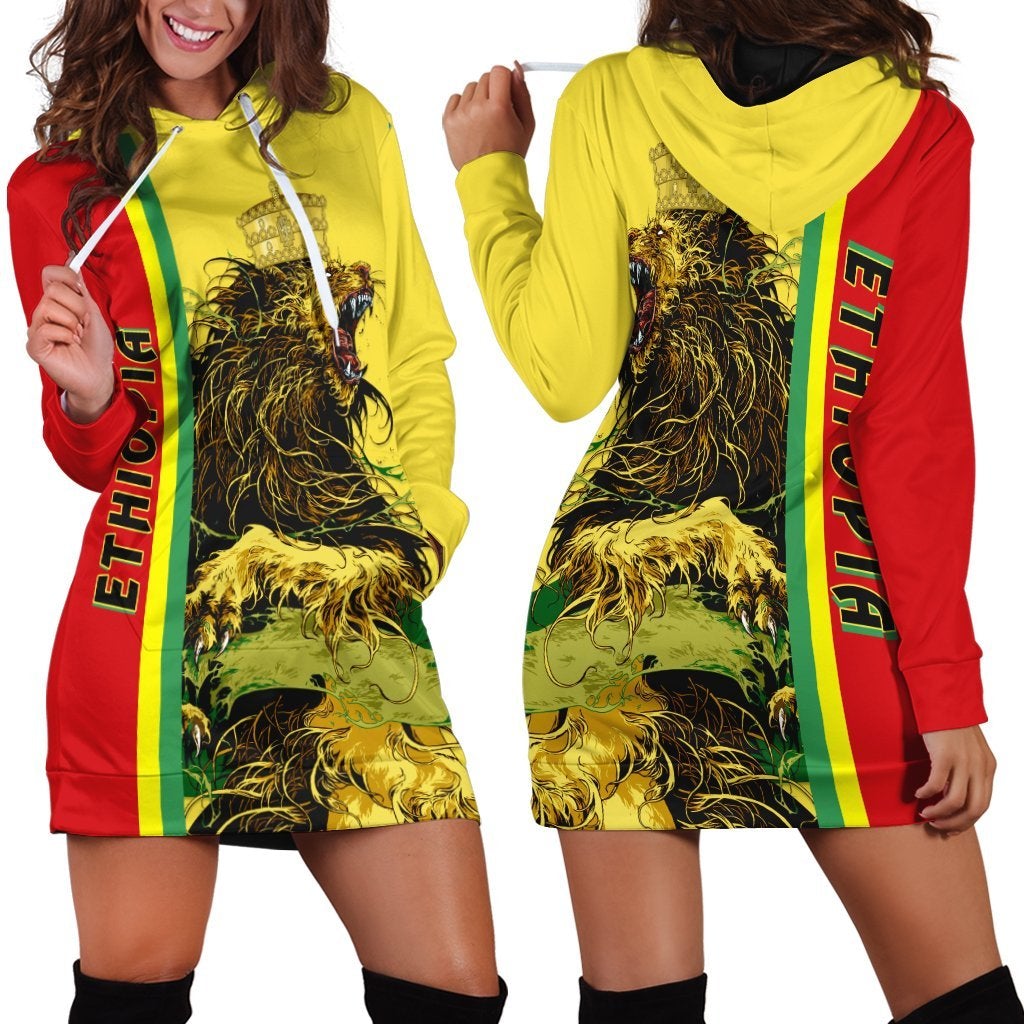 Multicolor hoodie dress with lion crown graphic, hood and front pocket