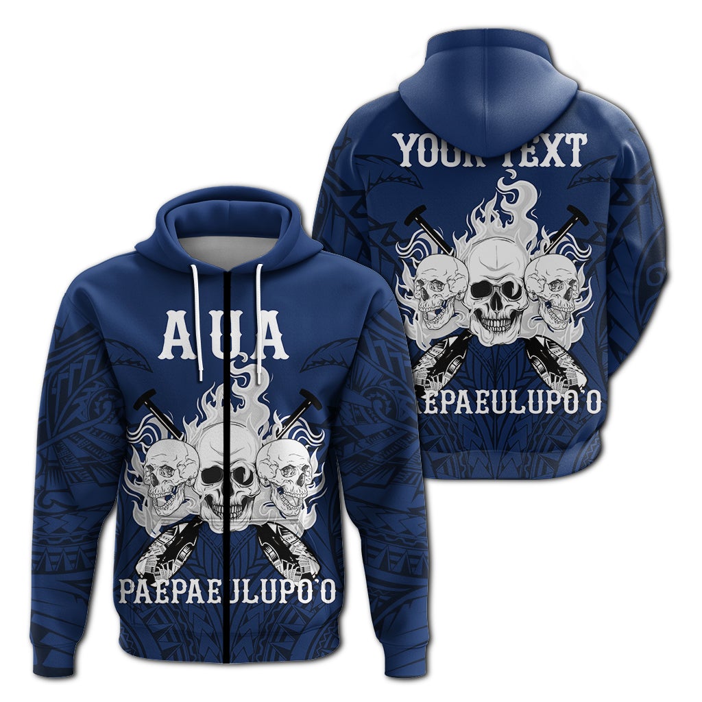 Blue zip hoodie with front skull-and-flames graphic