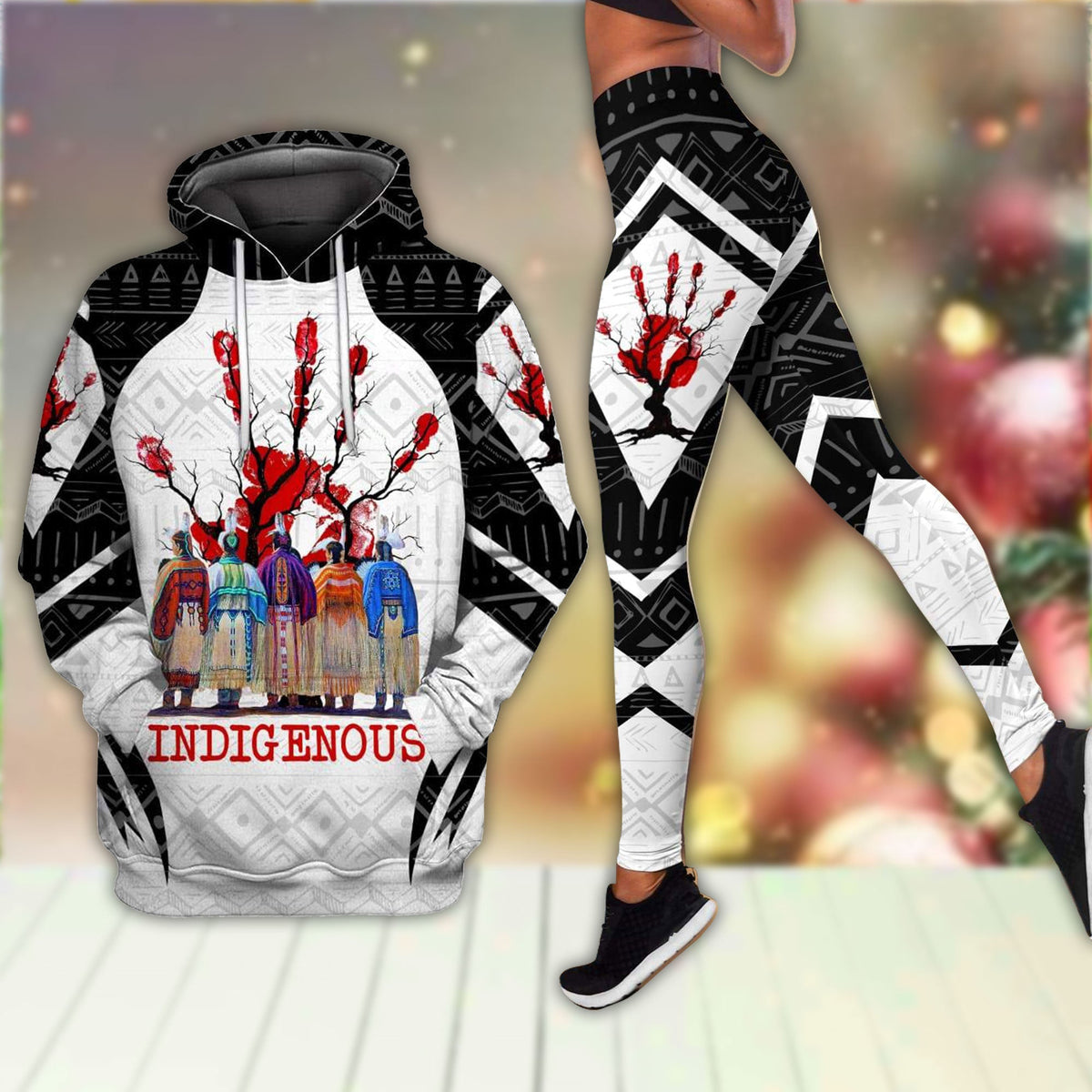 Printed hoodie and leggings set, black/white with red tree graphic and 'INDIGENOUS' text