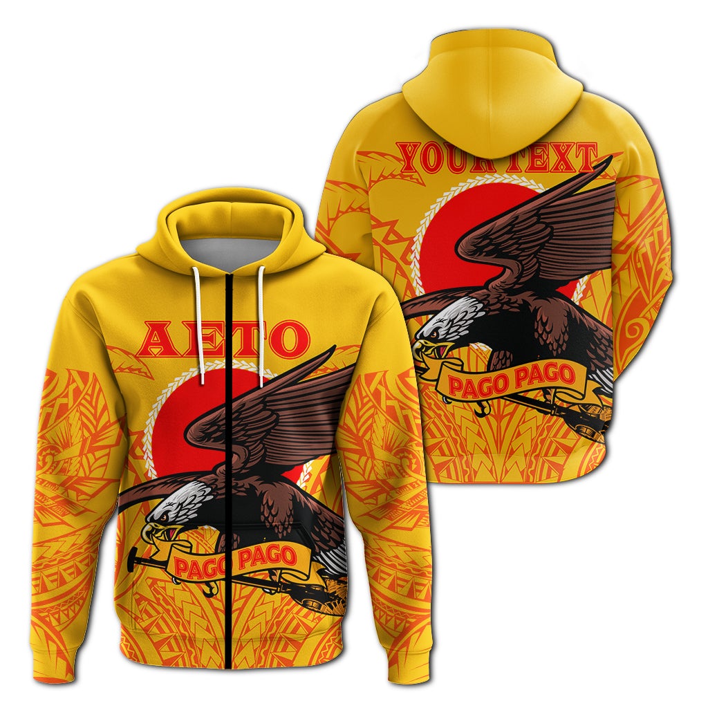 Yellow zip-up hoodie with Aeto Pago Pago eagle graphic, front hood with drawstrings