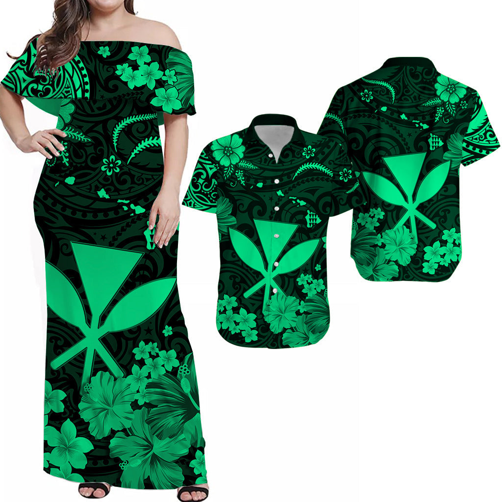 Green off-shoulder maxi Hawaiian dress with clover and floral print