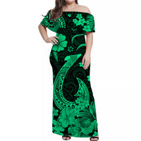 Green off-shoulder long dress with Polynesian fish hook and floral print