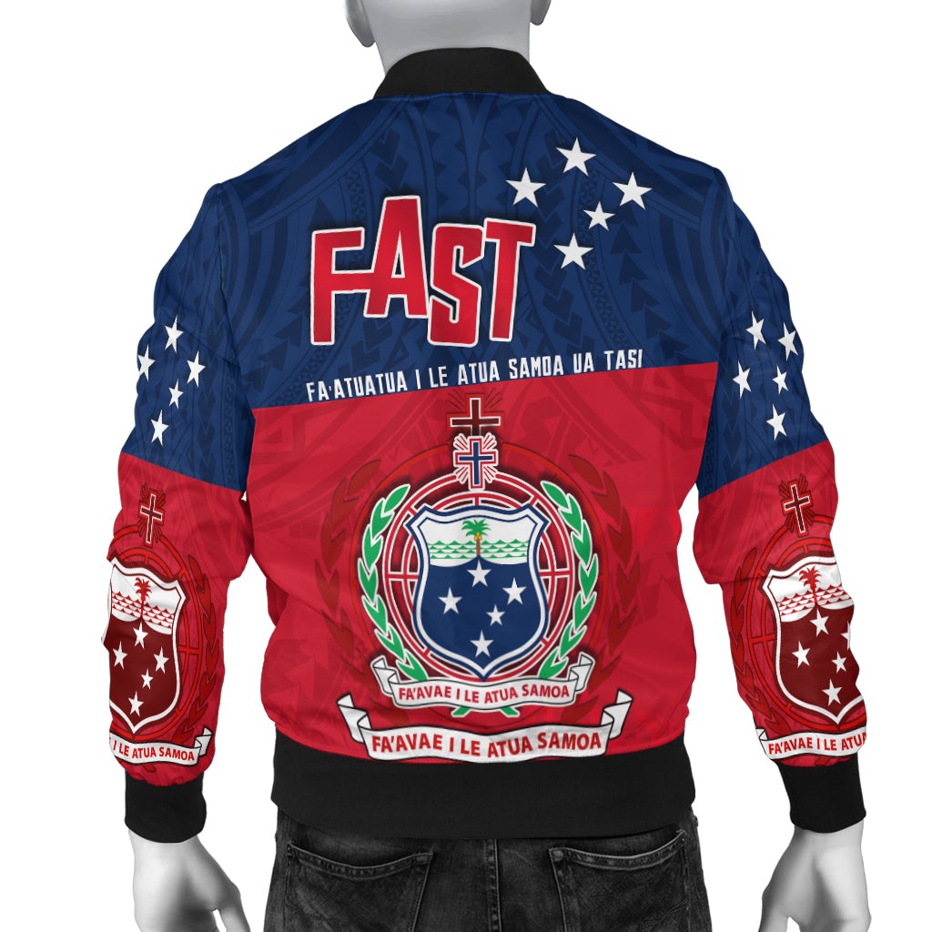 Back of blue and red bomber jacket with FAST text and Samoa crest