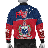 Back of blue and red bomber jacket with FAST text and Samoa crest