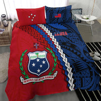 Samoa bedding set showing red shield crest, woven pattern and blue pillow