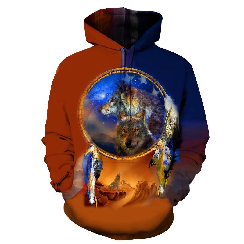 Multicolor wolf dreamcatcher all-over pullover hoodie with hood and front kangaroo pocket