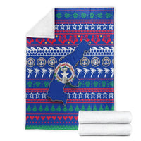 Blue Christmas blanket and folded white fleece blanket set with North Mariana Islands map design