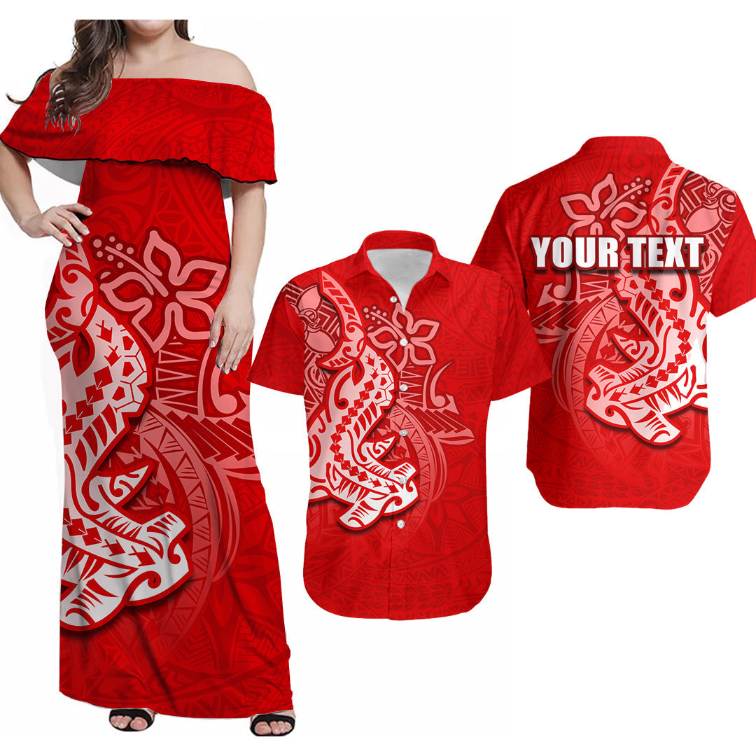 Red Polynesian shark Hawaiian dress and matching shirt set with white pattern