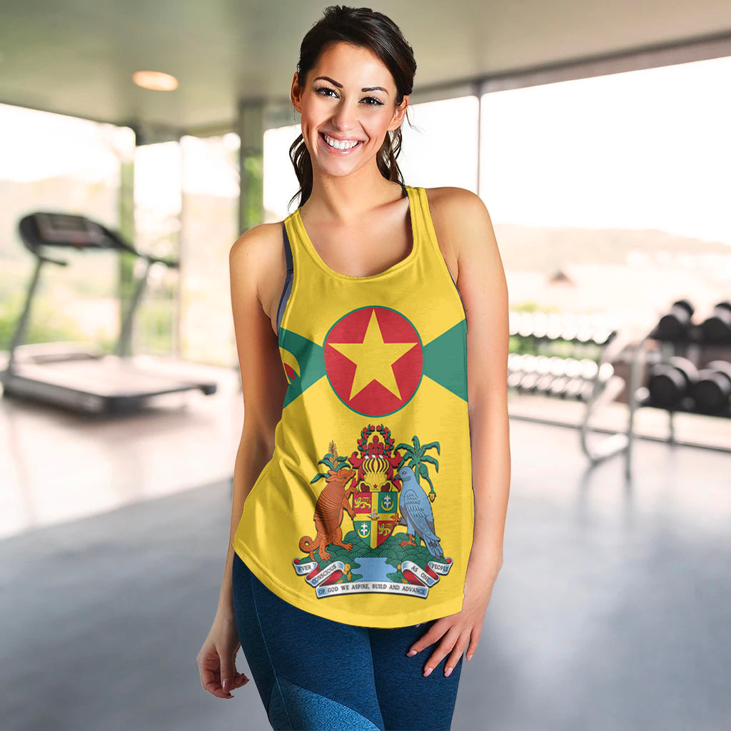 Yellow racerback tank with Grenada coat of arms front graphic and red/yellow star crest