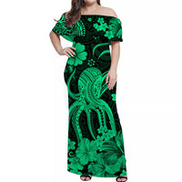 Off-shoulder long dress in green with dark print, octopus and floral motifs