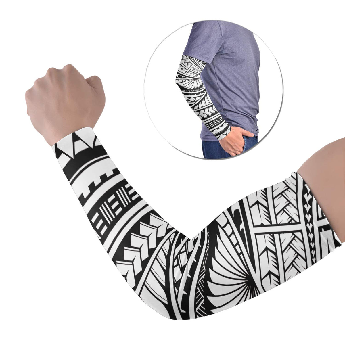 Polynesian arm sleeves, set of 2, black-and-white tribal pattern with curved design