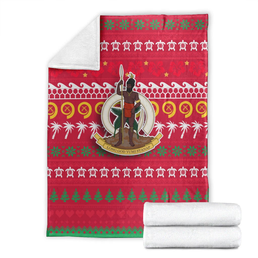 Red Christmas blanket set with white reverse side, folded with central character design