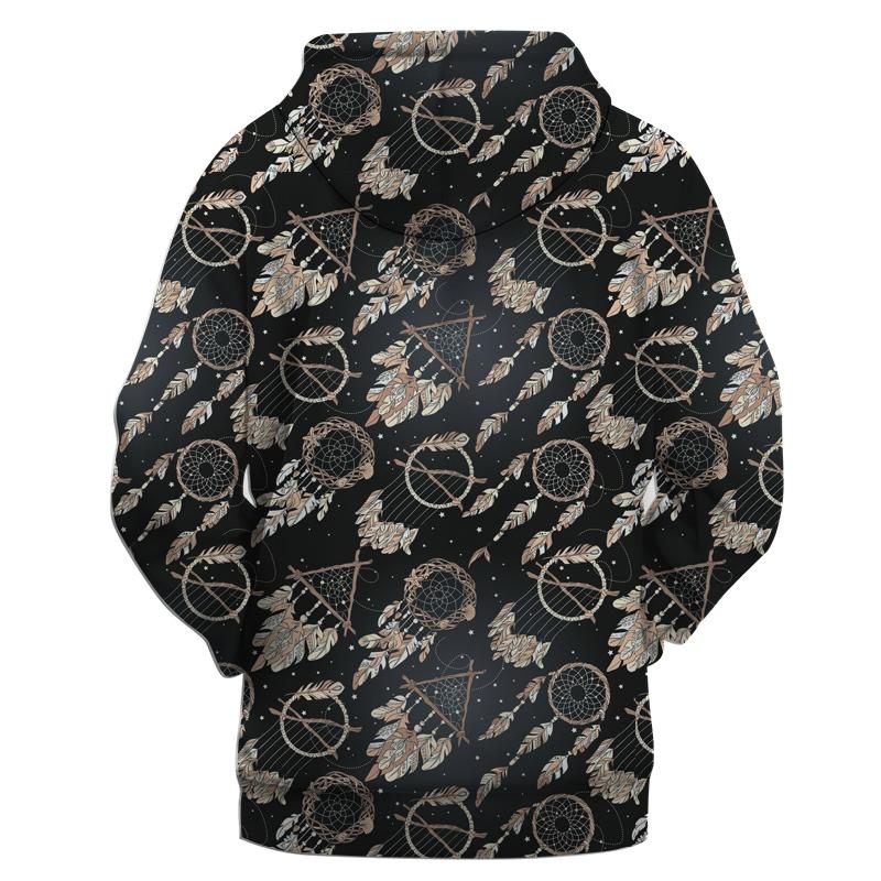 Black pullover hoodie with all-over dreamcatcher hoops and feathers, back/hood view
