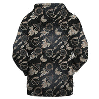 Black pullover hoodie with all-over dreamcatcher hoops and feathers, back/hood view