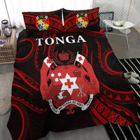 Red-and-black Tonga crest comforter with “TONGA” text and two matching pillowcases