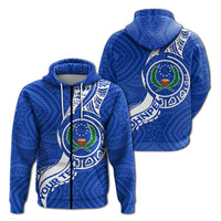 Custom blue zip-up hoodie with Micronesia Pride Pohnpei graphic on front