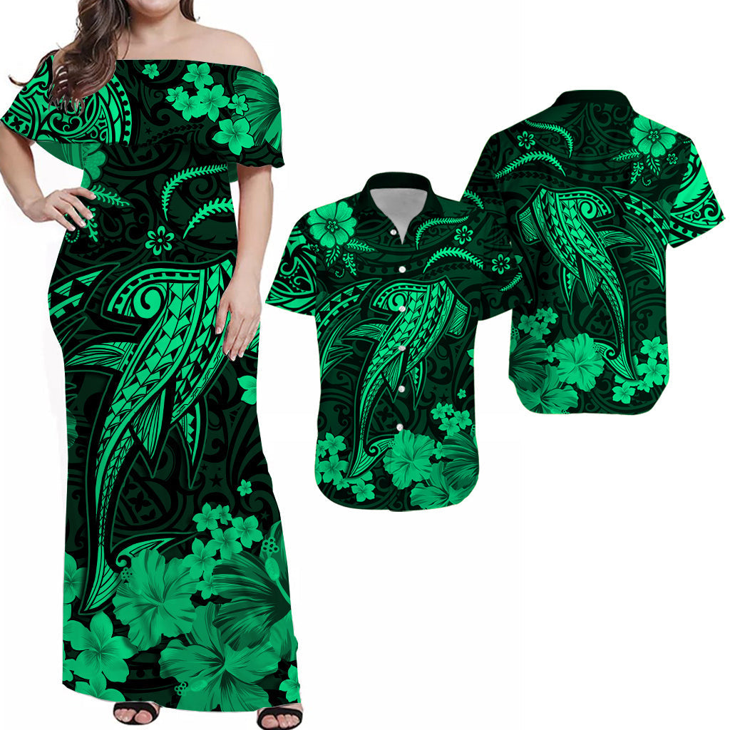 Matching Hawaiian dress, green off-shoulder print with floral and shark motifs