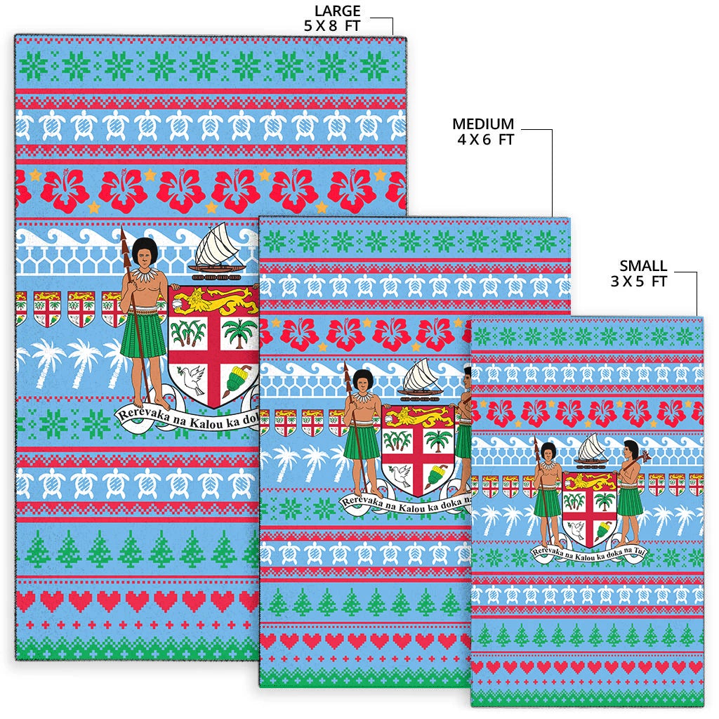 Fiji Christmas area rug size chart: 5x8, 4x6, and 3x5 ft versions in blue design.