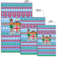 Fiji Christmas area rug size chart: 5x8, 4x6, and 3x5 ft versions in blue design.