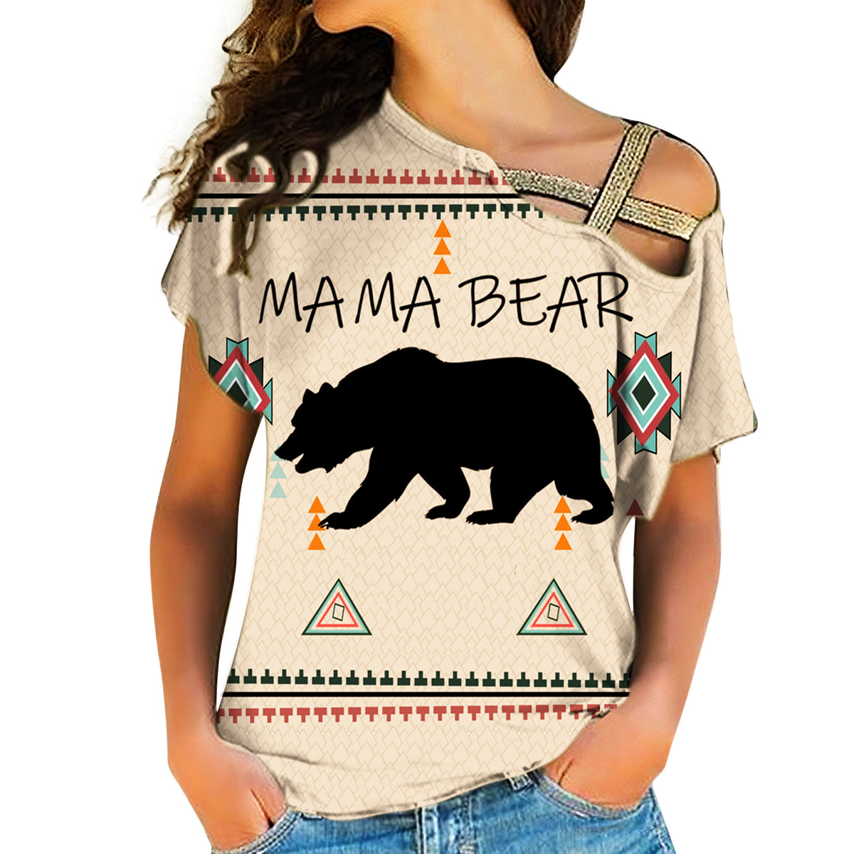 Mama Bear cold-shoulder shirt, off-white with black bear silhouette and tribal triangles