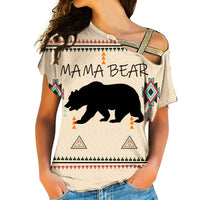 Mama Bear cold-shoulder shirt, off-white with black bear silhouette and tribal triangles