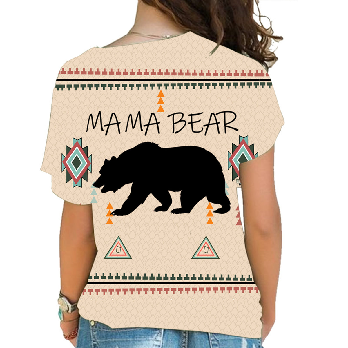 Back view: Mama Bear cold-shoulder shirt, off-white with large bear silhouette and tribal border