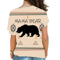 Back view: Mama Bear cold-shoulder shirt, off-white with large bear silhouette and tribal border