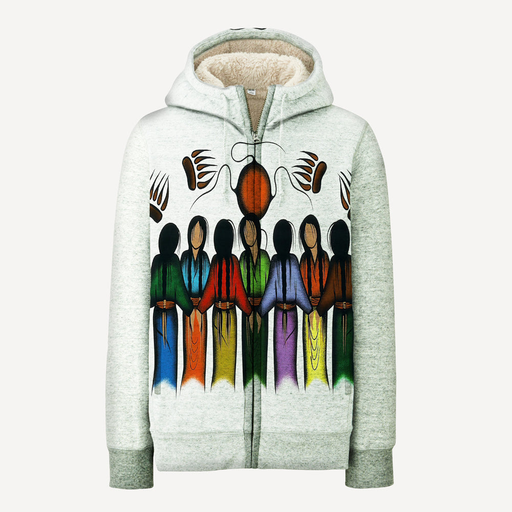 Light gray zip-up hoodie with hood and colorful Native-style standing figures graphic