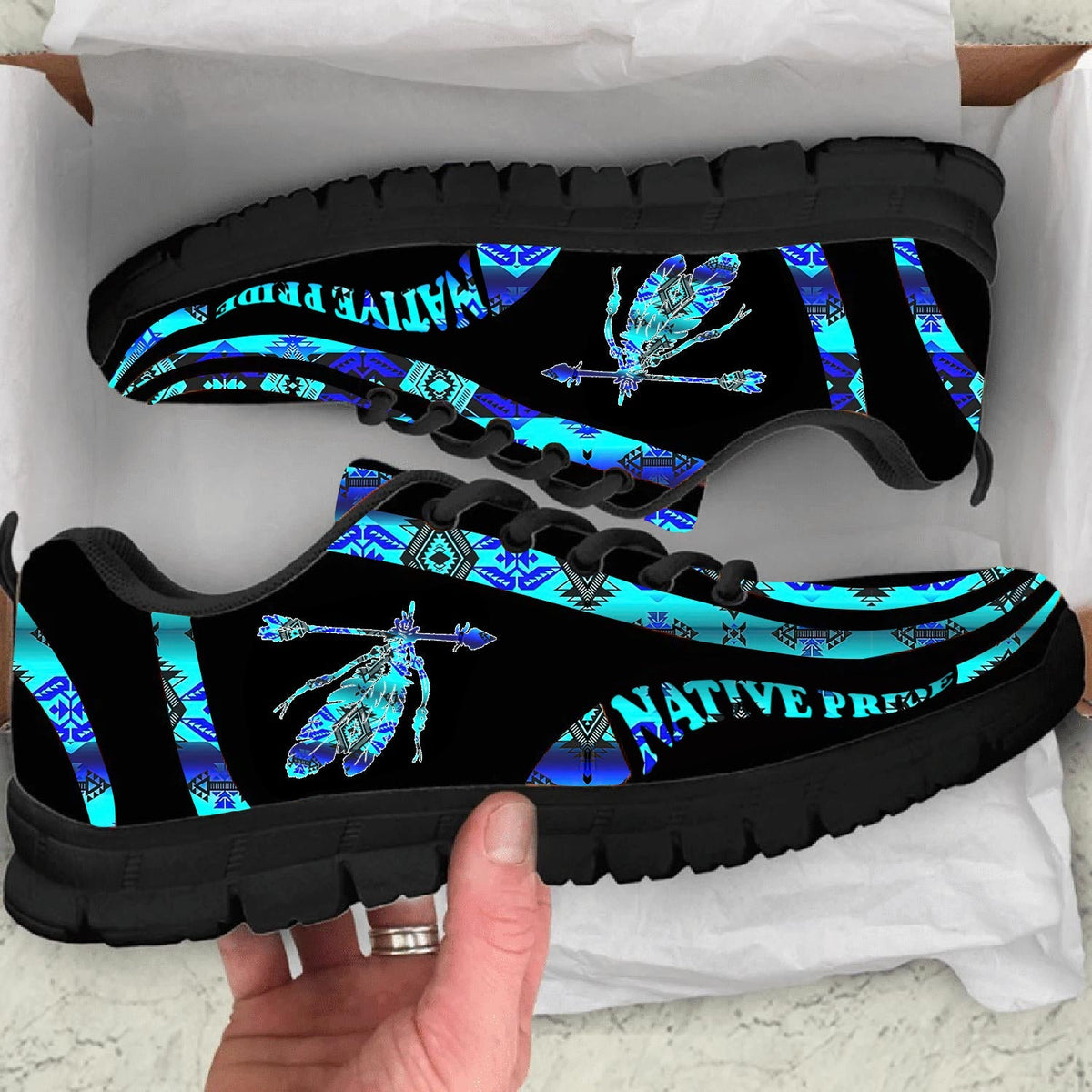 Multicolor Native feather patterned sneakers with black sole and blue lacing