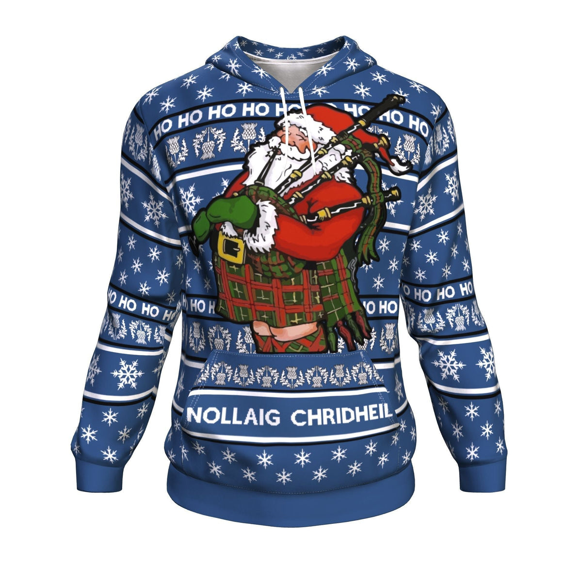 Deep cobalt blue pullover hoodie with Santa graphic, snowflakes, and 'NOLLAIG CHRIDIHEIL' text