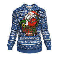 Deep cobalt blue pullover hoodie with Santa graphic, snowflakes, and 'NOLLAIG CHRIDIHEIL' text