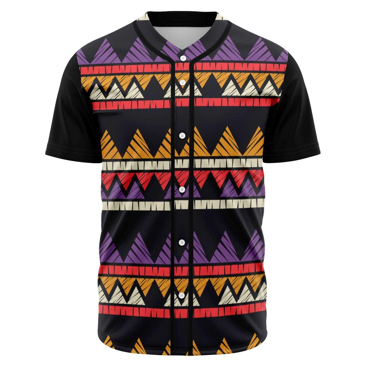 Black baseball jersey with button placket and colorful tribal stripe pattern (purple, orange, red)