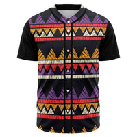 Black baseball jersey with button placket and colorful tribal stripe pattern (purple, orange, red)