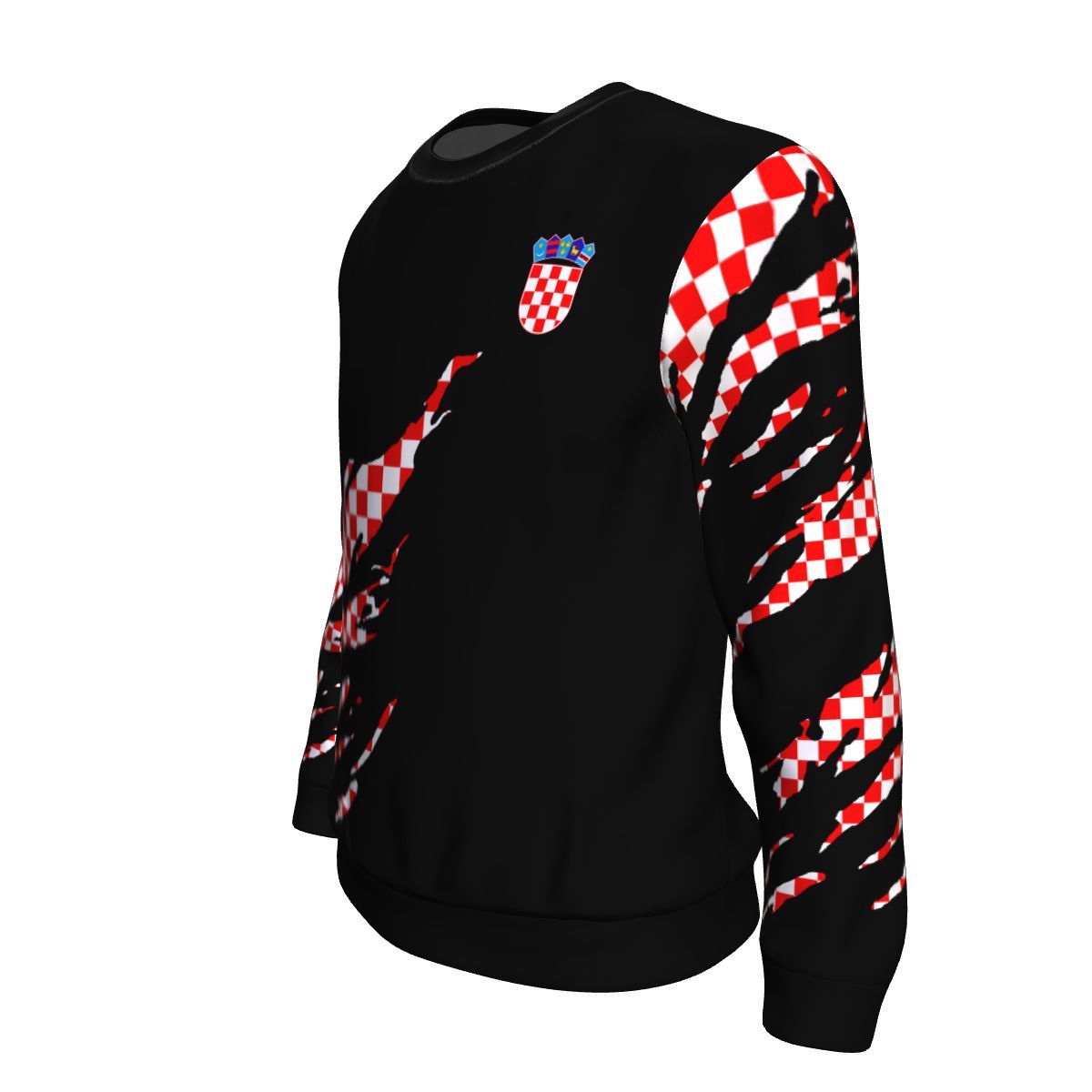 Black unisex sweatshirt with small Croatian crest on chest and checkered sleeve graphic